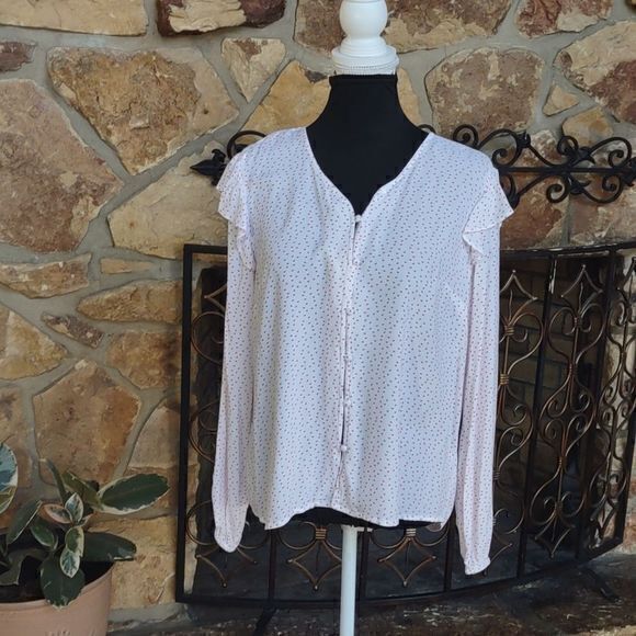 Velvet Heart Long Sleeve Ruffle Shoulder Button Down Tiny Heart Print Shirt Sz L - Picture 1 of 11